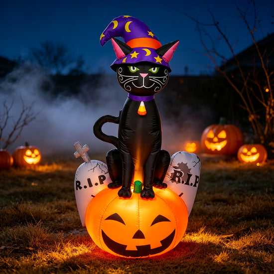 Halloween Inflatable Black Cat Witch Pumpkin Yard Decor Blow Up Outdoor Lawn Ornament with BuiltIn LED Lights Inflatable Decoration for Garden Patio Halloween Party Trick Or Treat Themed Layout