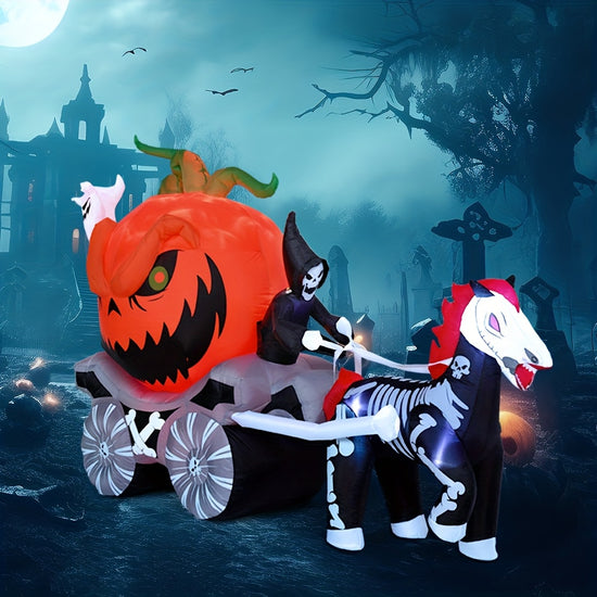 8 Ft Long Halloween Inflatables Pumpkin Carriage Outdoor Decorations Blow Up Pumpkin Carriage with Buildin LEDs Blow Up for Yard Halloween Inflatables Party Decoration Outside Garden Lawn