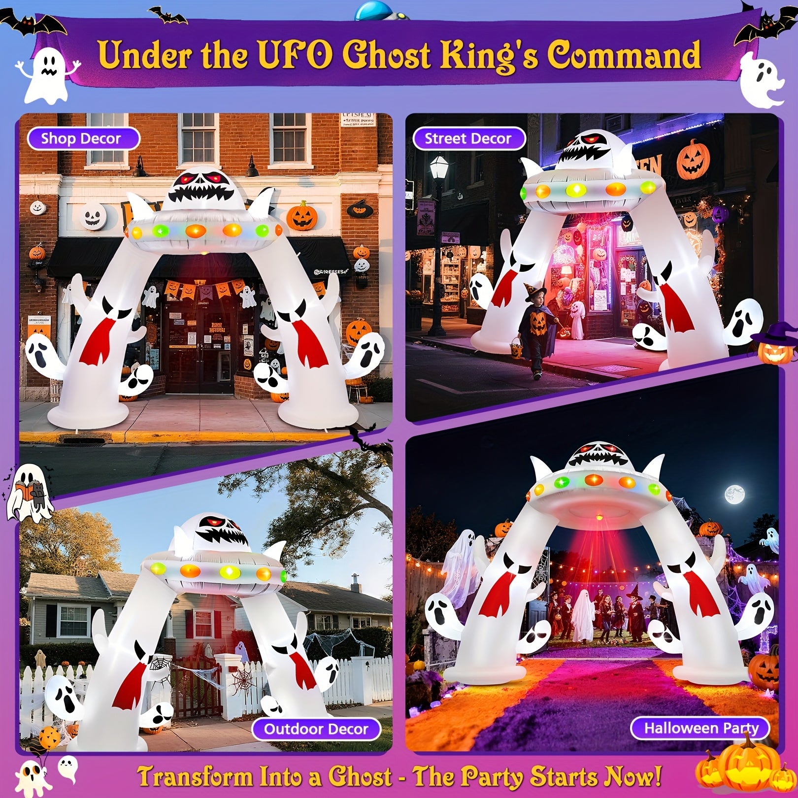 11FT Wide Halloween Inflatable UFO Arch with Ghosts Archway Inflated with Flame Light And Strobe LED Lights for Yard Halloween Decor Halloween Party Favors Weird Home Decor