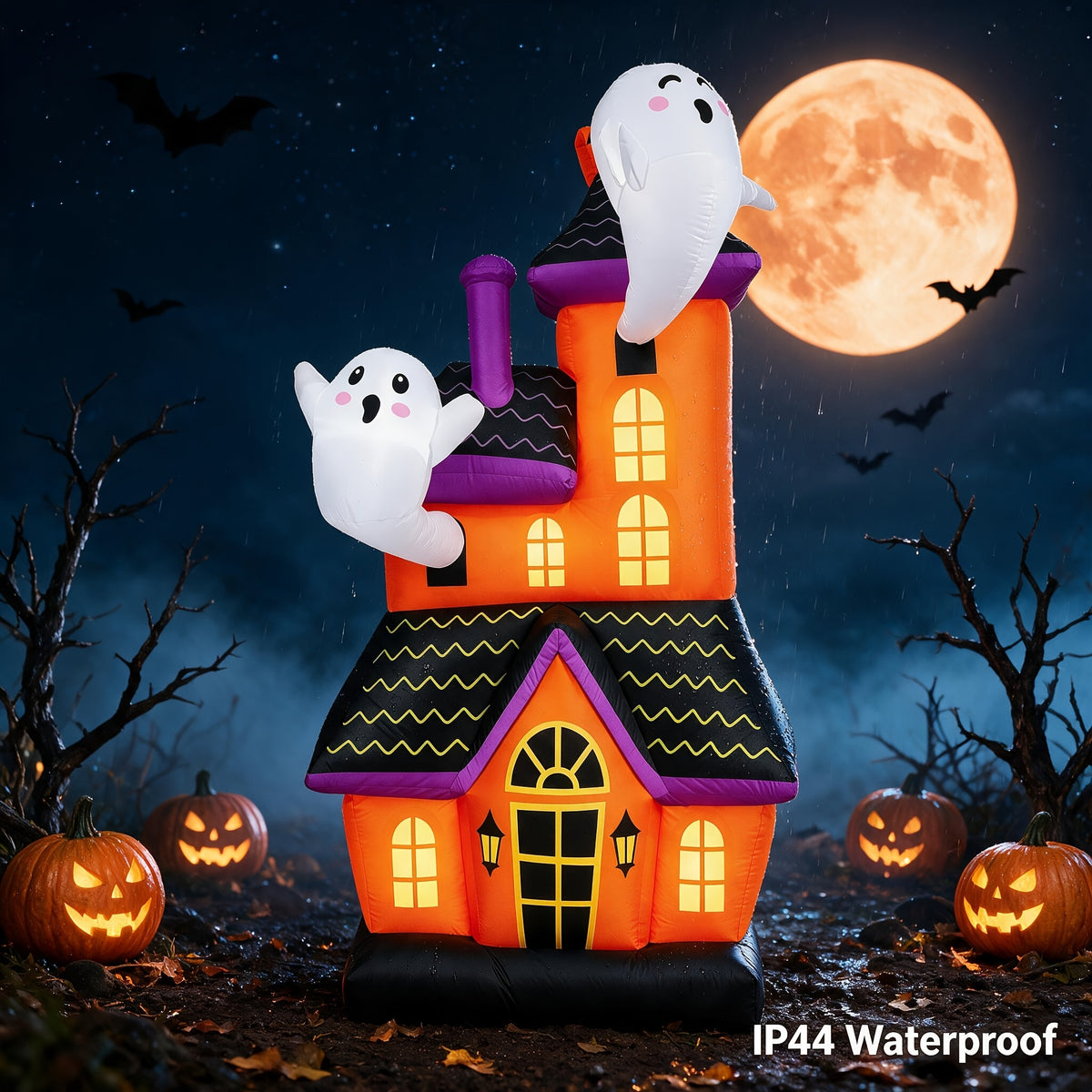 Large Halloween Inflatable Haunted House Ghost Castle Yard Decor Blow Up Outdoor Mansion with White Ghosts  BuiltIn LED Lights Polyester Holiday Ornament for Lawn Garden Halloween Party Trick Or Treat Layout