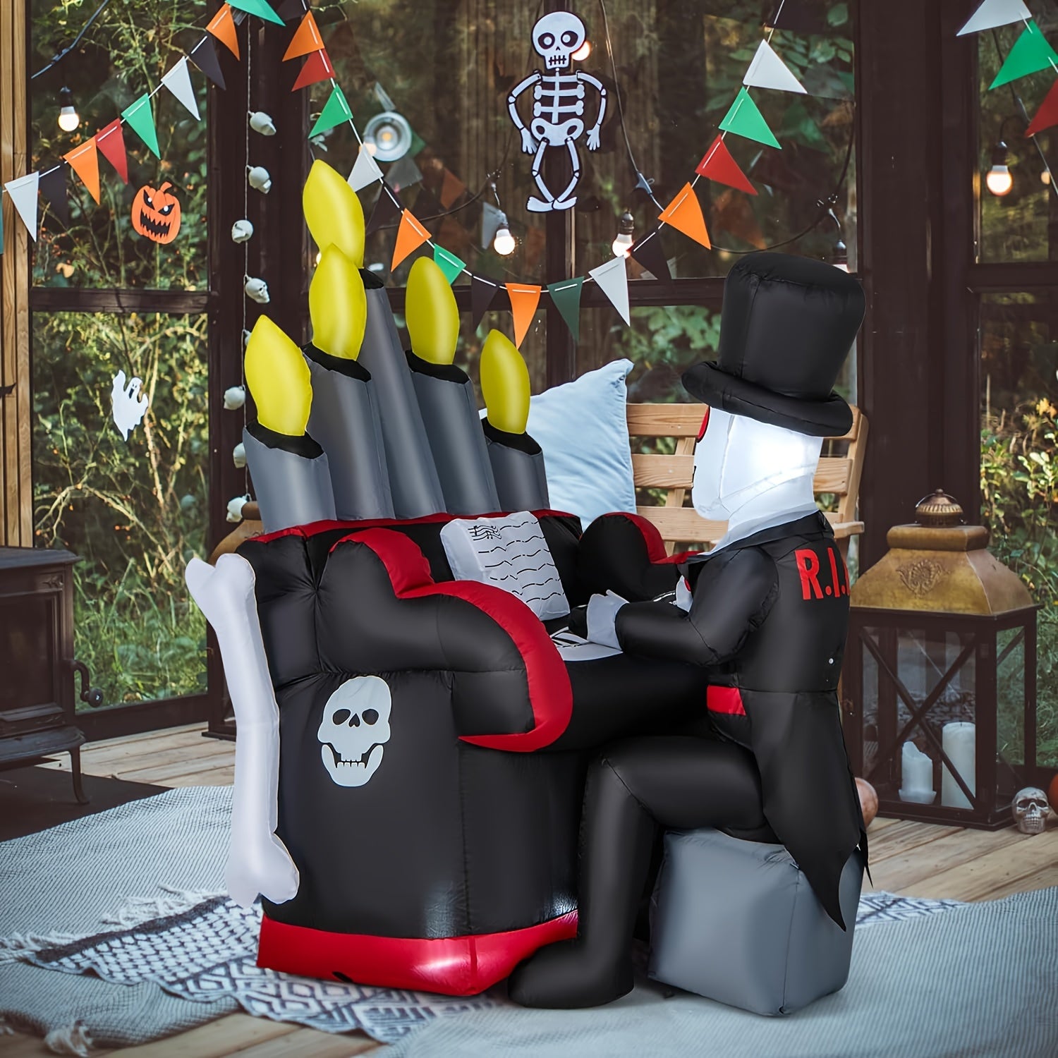 1pc 541FT Halloween Inflatable Skeleton Playing Piano Blow Up Yard Decoration with BuiltIn LED Lights Inflatable Indoor Outdoor Decoration for Holiday Party Garden Lawn