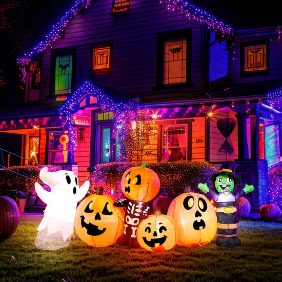 Halloween Inflatable 8ft Long Three Halloween Characters and Pumpkin Patch Blow Up Inflatables with Buildin LEDs for Party Indoor Outdoor Yard Lawn Garden Decorations